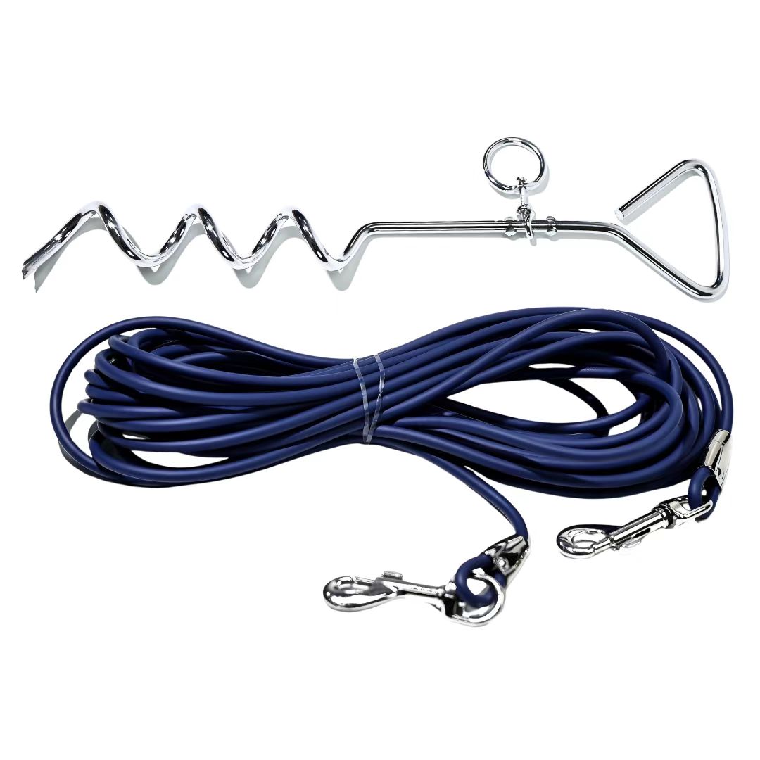 Navy ground stake dog tie-out leash with spiral anchor and two metal snap hooks