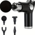 Black portable massage gun with round, cone, fork, and small attachment heads