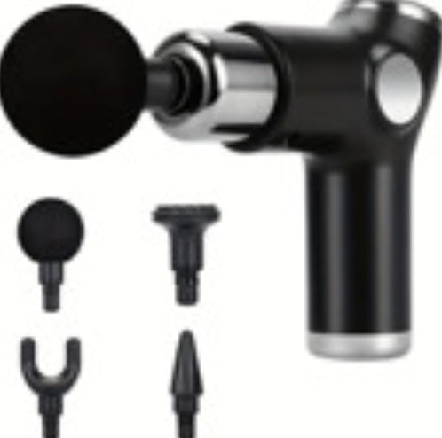 Black portable massage gun with round, cone, fork, and small attachment heads