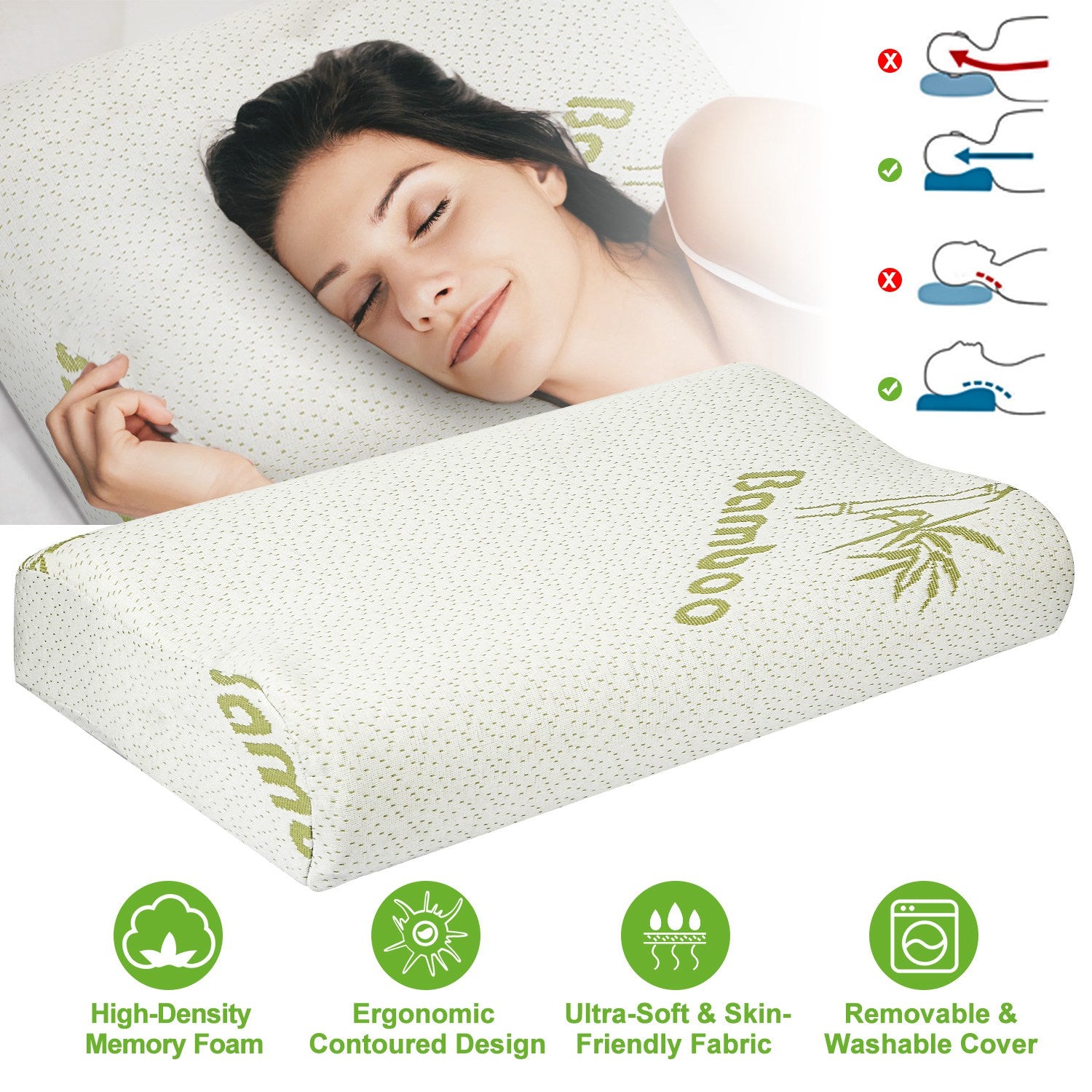 Bamboo contoured neck support pillow in light beige with green bamboo print