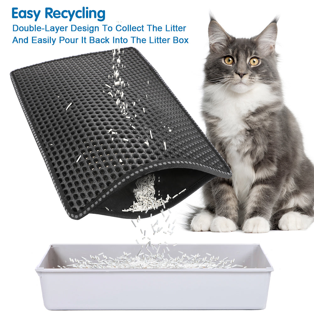 Black double-layer cat litter mat tipped to let litter fall through its holes