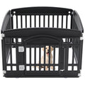 Black 4-panel foldable dog playpen fence with hinged door opening and latch