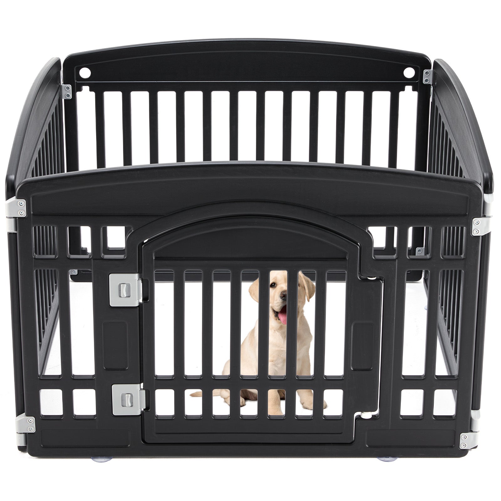 Black 4-panel foldable dog playpen fence with hinged door opening and latch