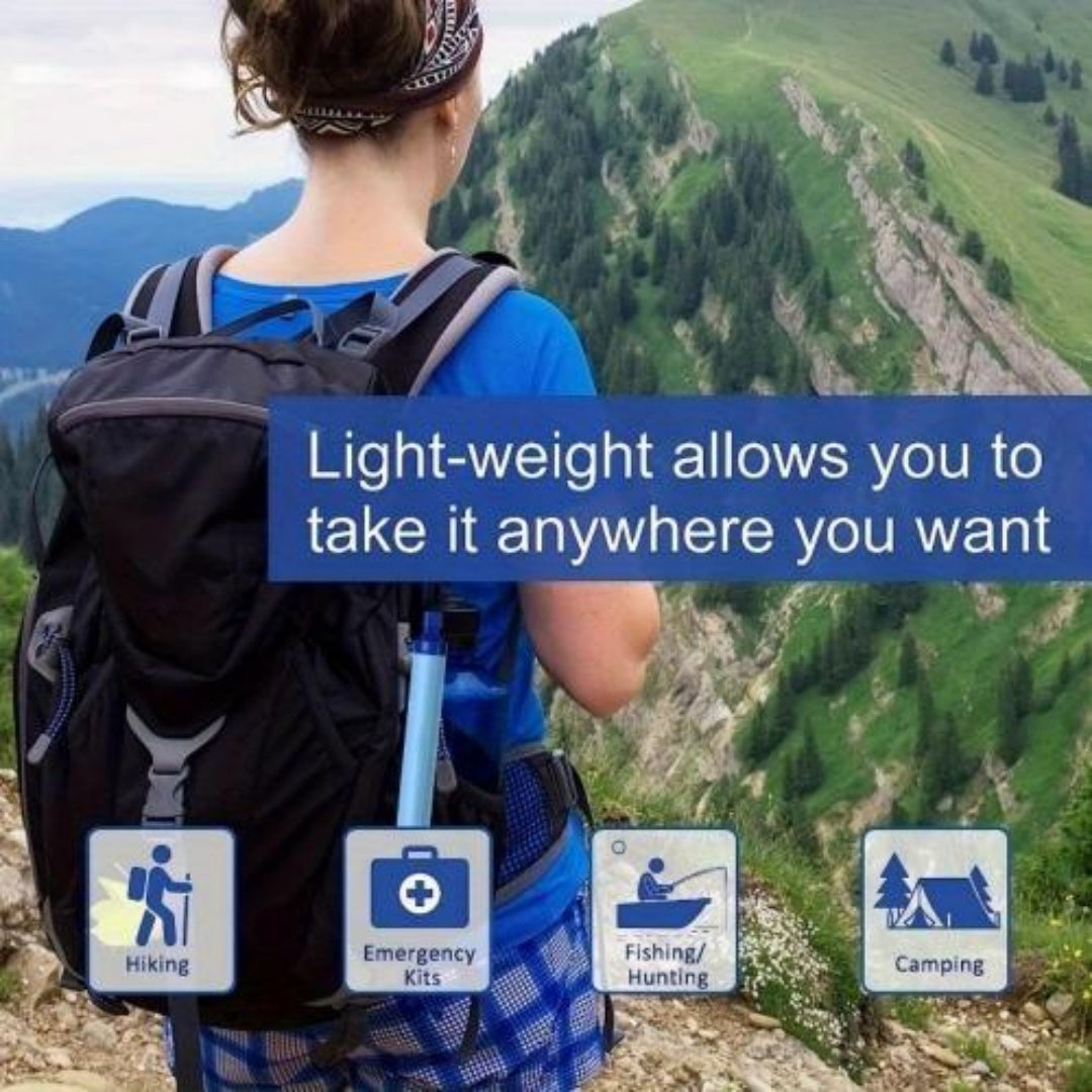 Blue portable water purifier held while hiking, shown with a backpack outdoors.