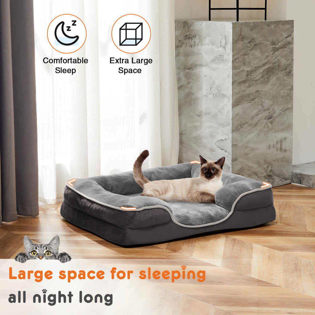 Grey pet bed with plush raised sides and comfort center for resting pets