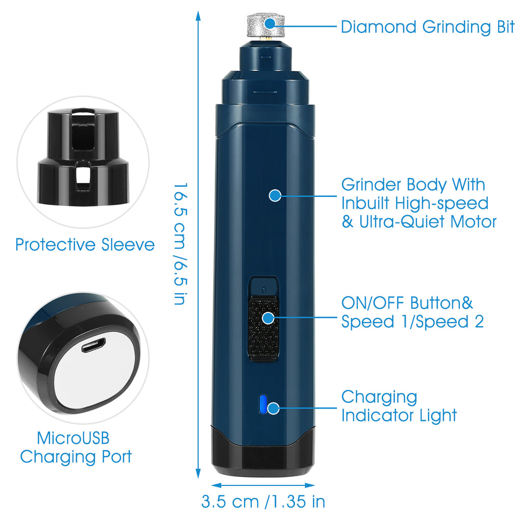 Blue dog nail grinder with diamond grinding bit, speed buttons, and charging indicator
