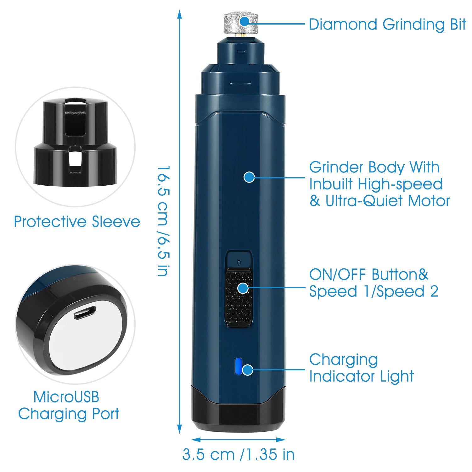 Blue dog nail grinder with diamond grinding bit, speed buttons, and charging indicator