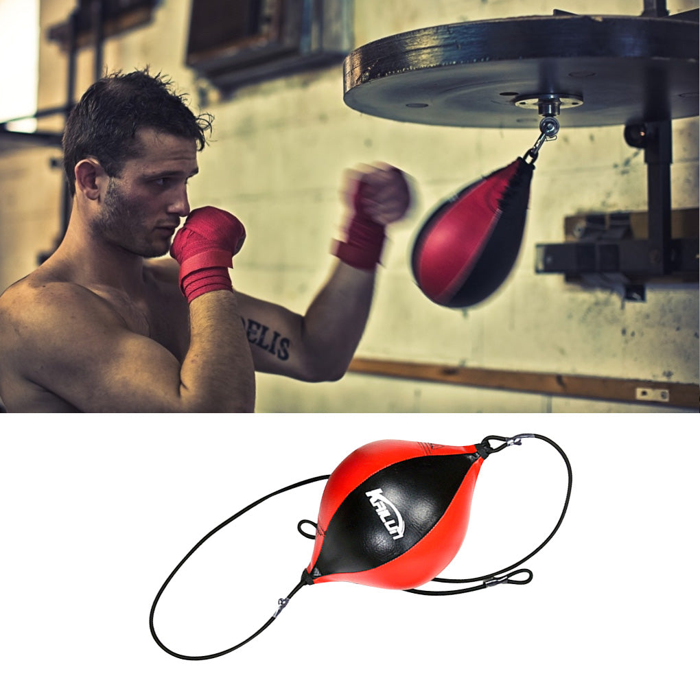 Red and black boxing speed ball with KAILUN logo and hanging elastic cords