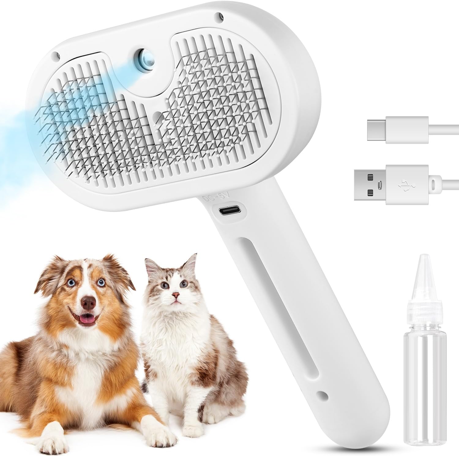 White 3-in-1 pet steam spray brush with rubber bristle grooming head and handle