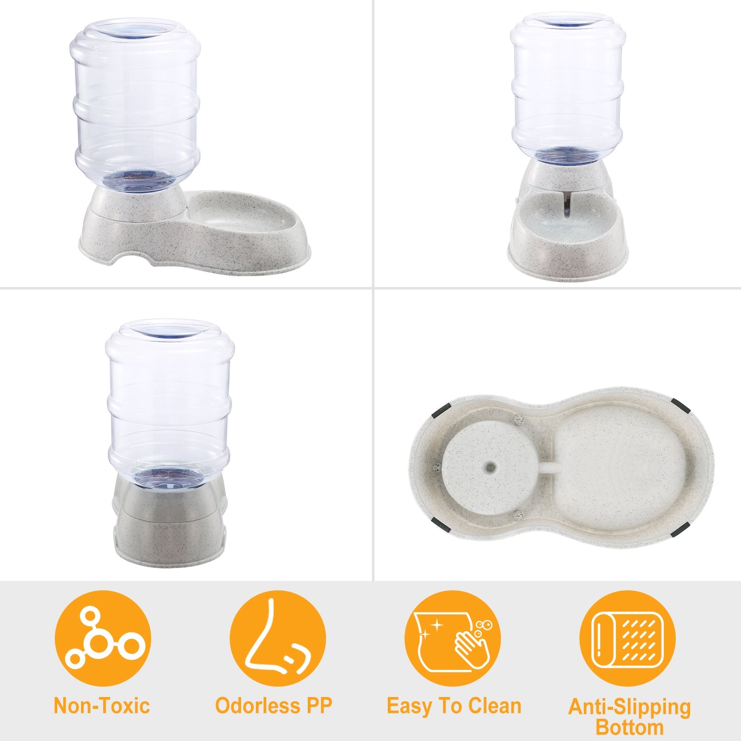 Pet water dispenser with clear barrel and speckled base, featuring a removable-style insert