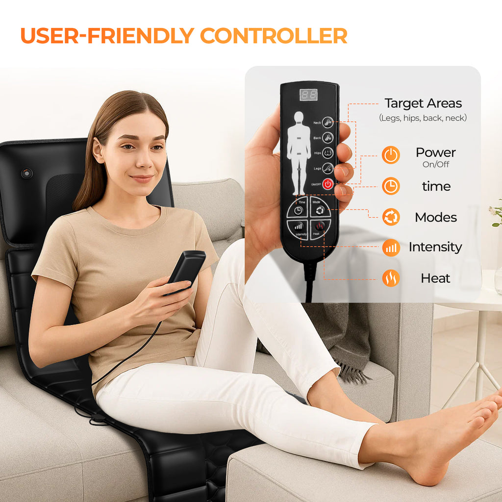 Handheld massage controller with target areas, power, time, modes, intensity, and heat