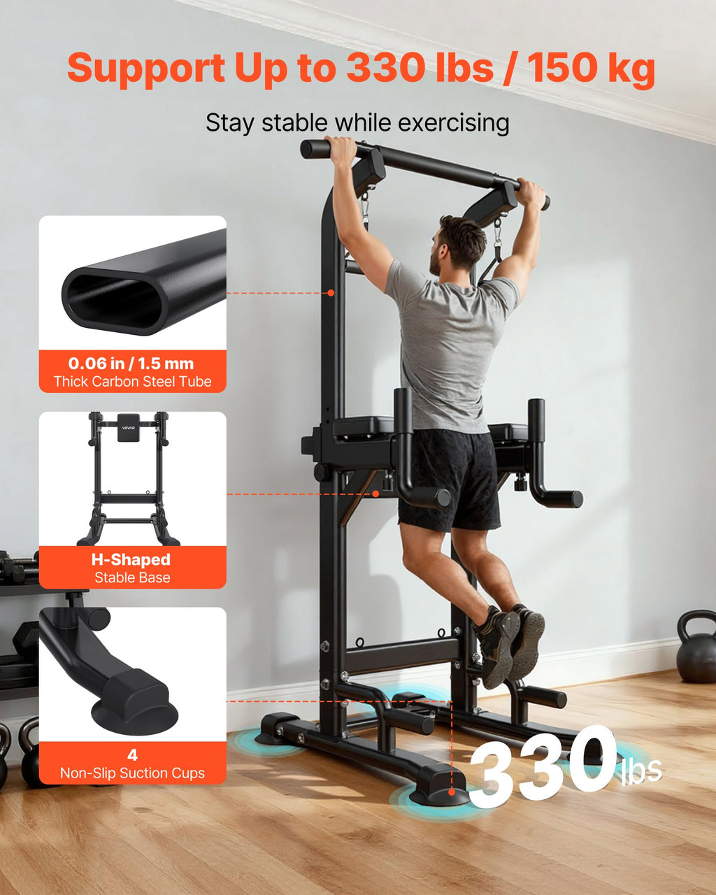 Power tower dip stand with thick H-shaped base and padded back support