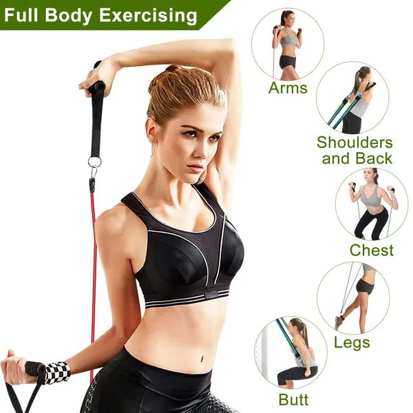 Resistance band with black cushioned handles used for chest and shoulder exercises