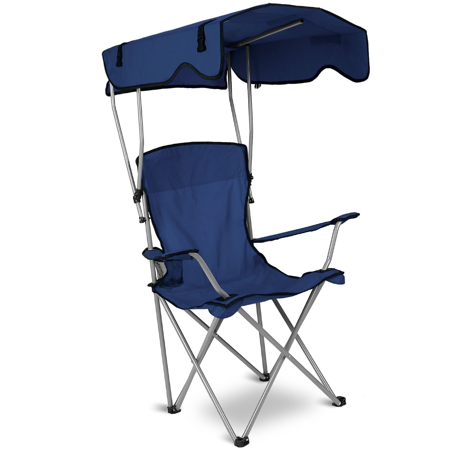 Blue foldable camping chair with canopy and padded seat, side view