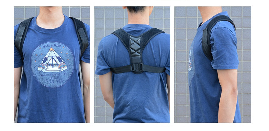Posture support brace on blue T-shirt, showing front straps and padded back panel.