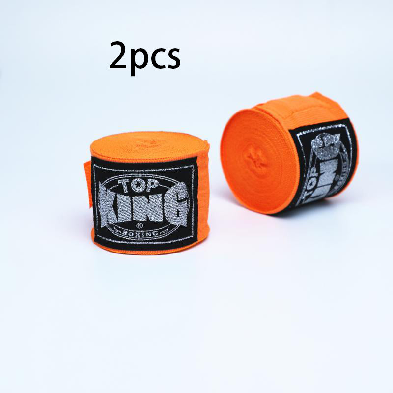 Pair of boxing hand wraps with Top KING logo, orange wrist and knuckle protection bandages.