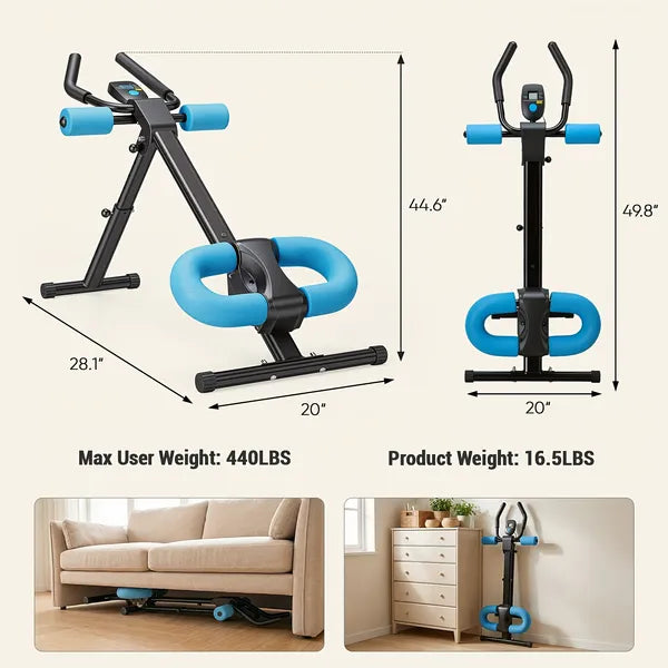Adjustable ab machine size diagram with blue knee pads and black frame