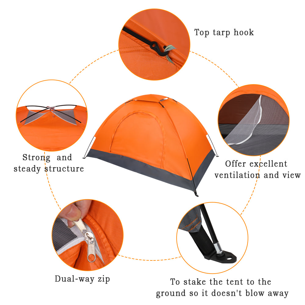 Orange 1-person dome tent with mesh side panel and dark gray base
