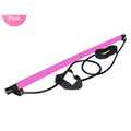 Pink Pilates resistance stick with black foot pedal strap and tension cords