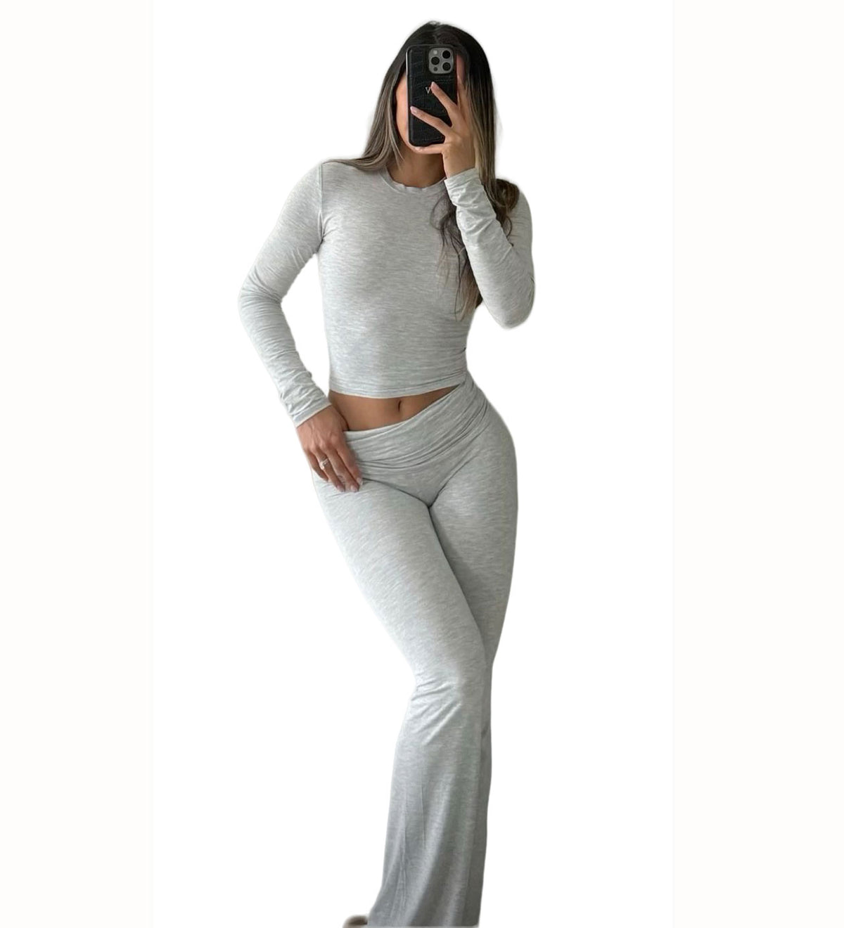 Heather gray long-sleeve fitted crop top and flared pants set