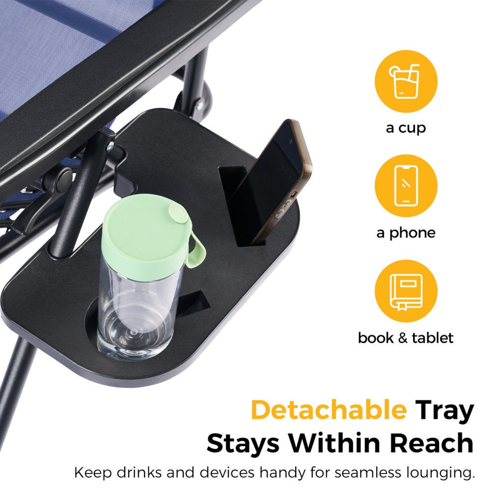Black detachable tray on folding chair with cup holder and phone/book slots in place.