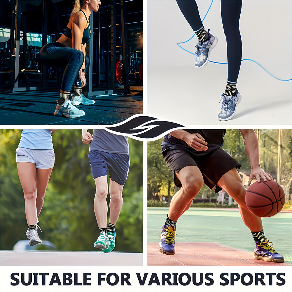 Ankle compression sleeves on athletes, black knit with gold striped support panels