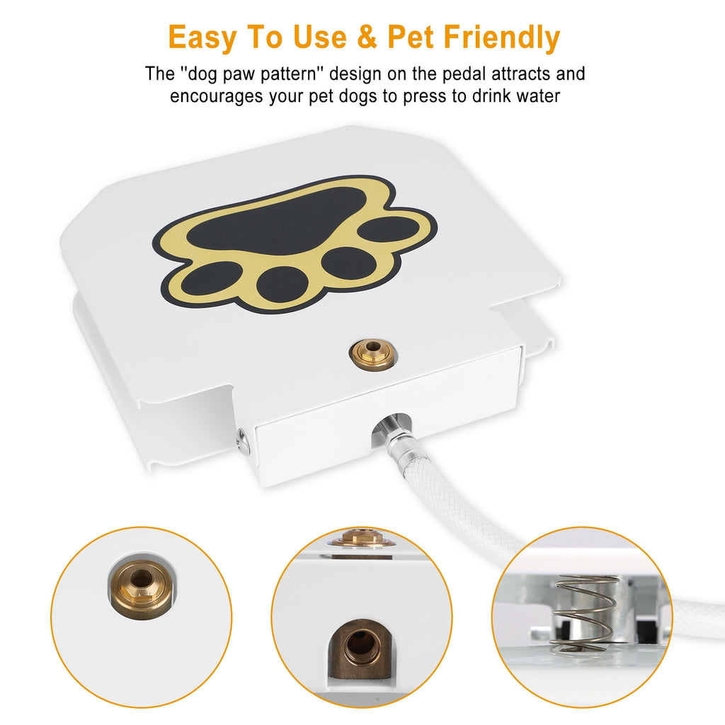 White dog water fountain pedal with paw-print graphic and brass inlet