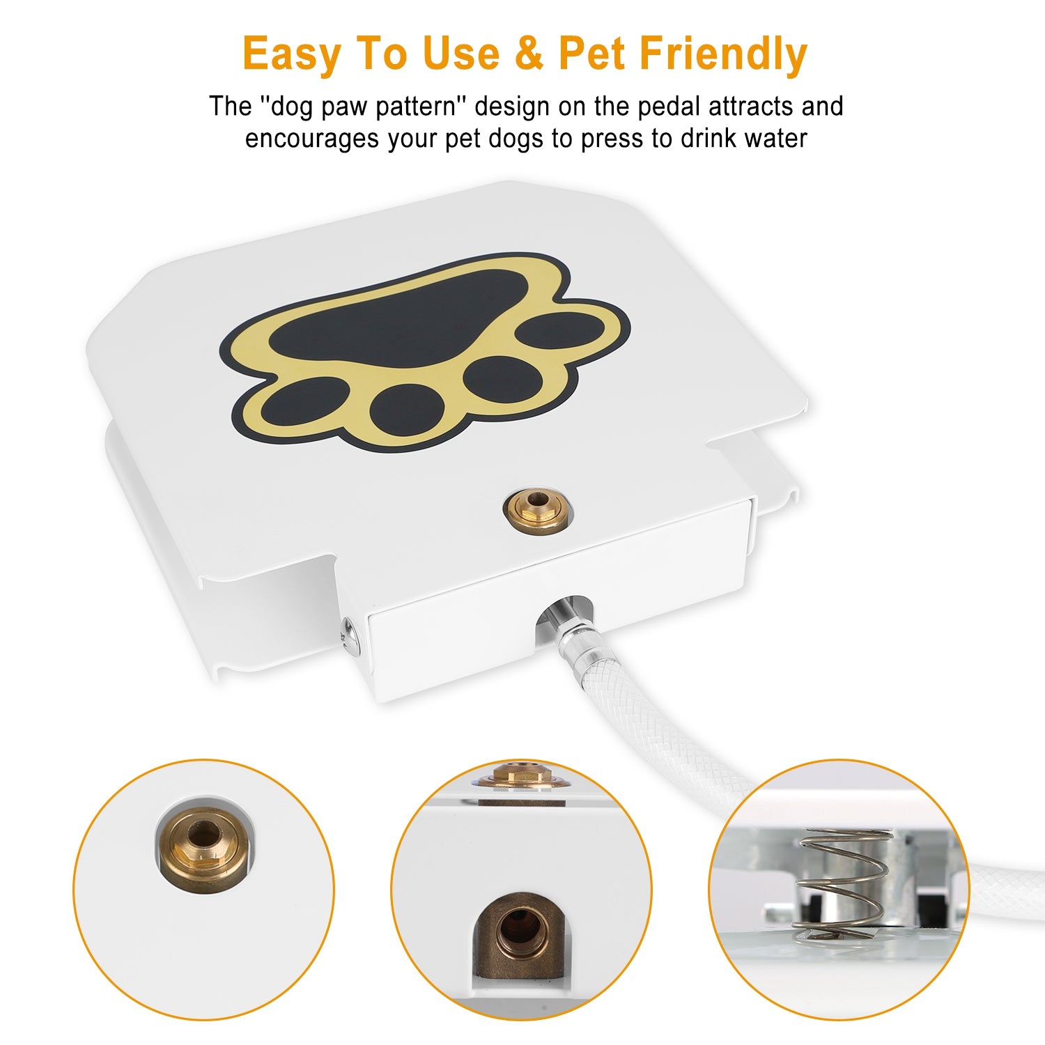 White dog water fountain pedal with paw-print graphic and brass inlet