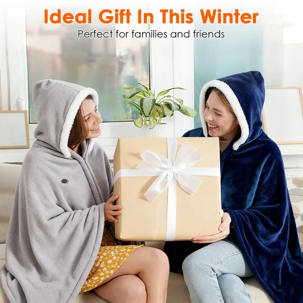 Grey and dark blue hooded heated throw blankets worn by two people holding a gift