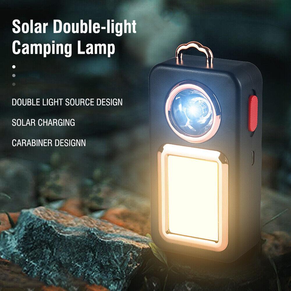 Solar double-light camping lantern with top flashlight LED, front panel light, and carabiner handle