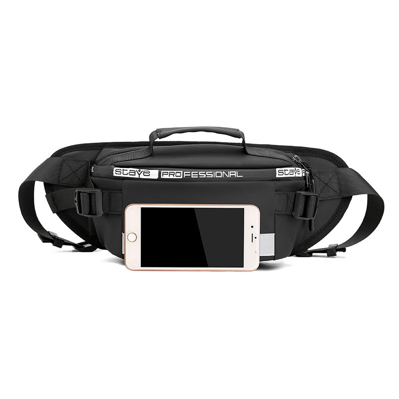Black waist bag with front pocket and phone pouch, adjustable belt straps