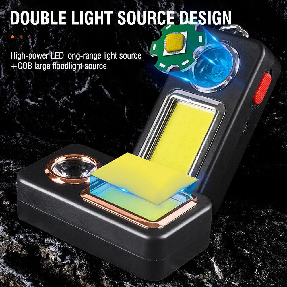 Lantern showing double light sources: round flashlight LED and large square panel light