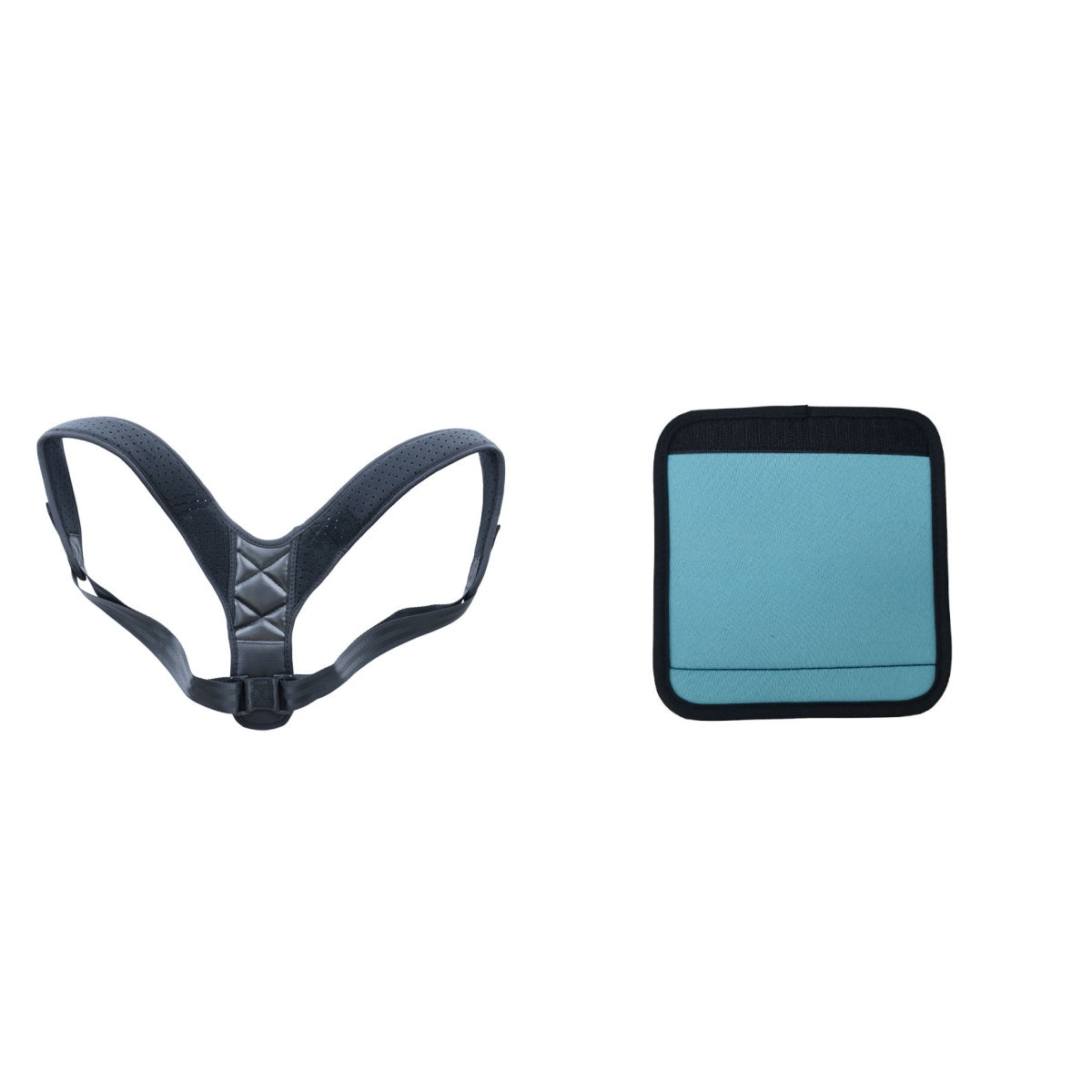 Posture support brace with black straps and light blue interior pad, plus spare pad.