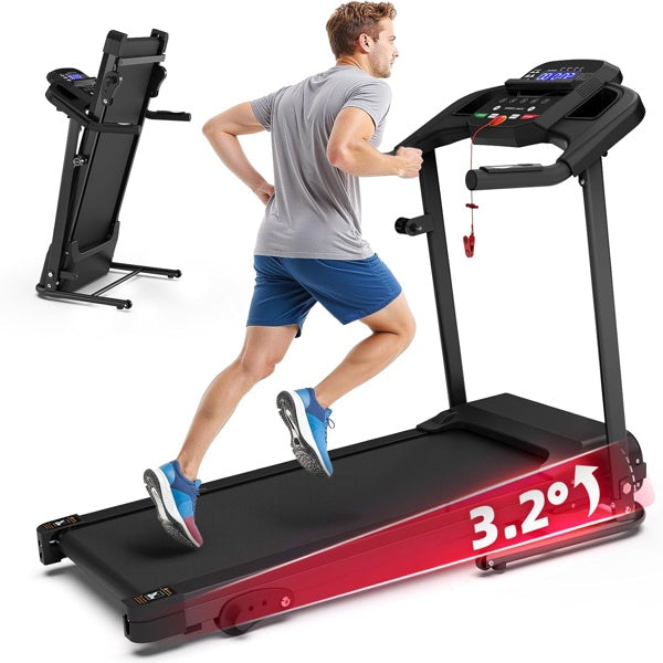 Black folding treadmill with red side stripe, console controls, runner jogging on deck