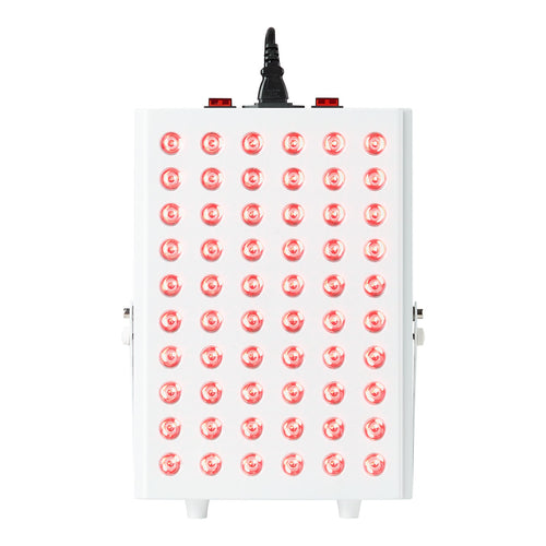 White red light therapy panel face with 60 red LED bulbs and central power plug