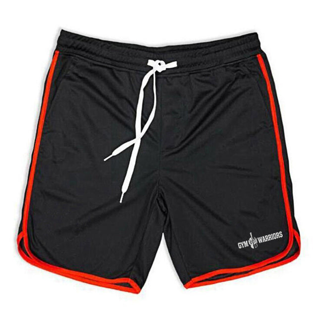 Men's quick-dry mesh fitness shorts, black with red side piping, white drawstring, logo