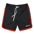 Men's quick-dry mesh fitness shorts, black with red side piping, white drawstring, logo