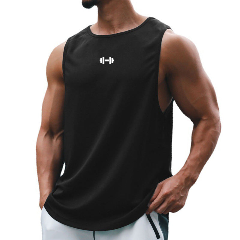 Black sleeveless fitness vest worn, crew neck and small barbell logo