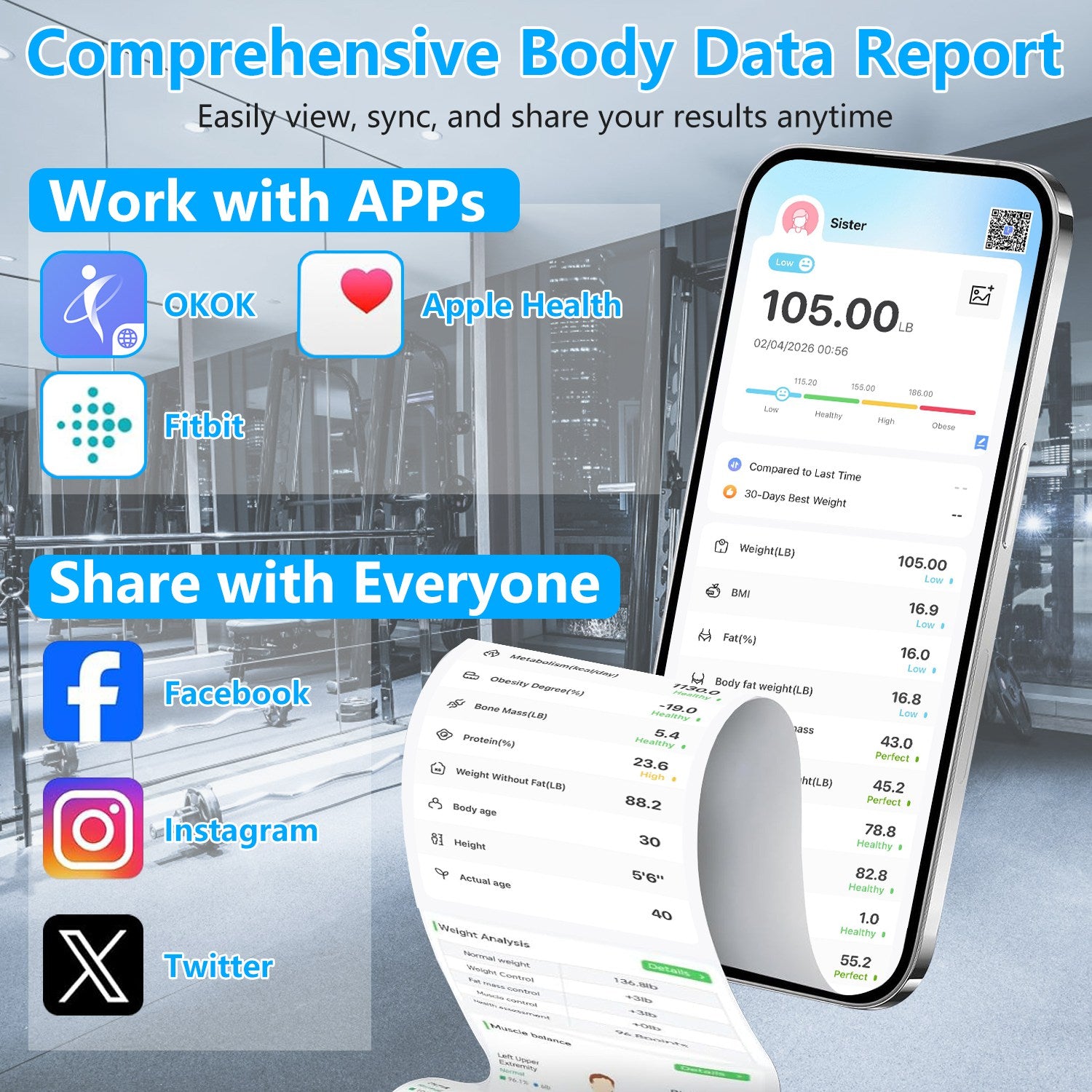 Phone screen showing body data report with weight, BMI, and body-fat results