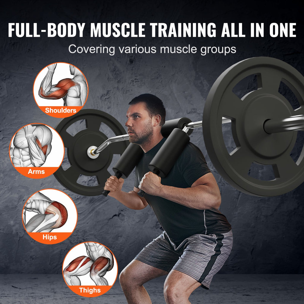 Safety squat bar with black shoulder and arm pads for training