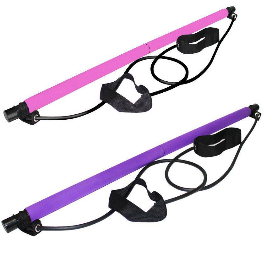 Pink and purple Pilates resistance stick with black foot pedal straps and cords