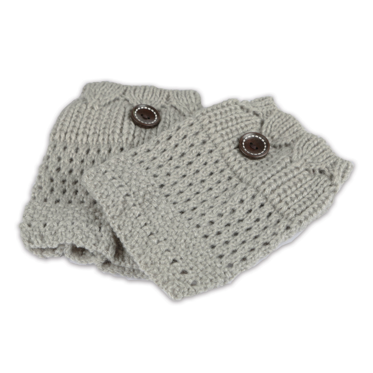 Light gray crochet knit leg warmers with eyelet pattern and round metal buttons