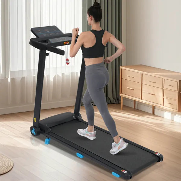 Folding treadmill in use with black belt and blue step lights on both sides