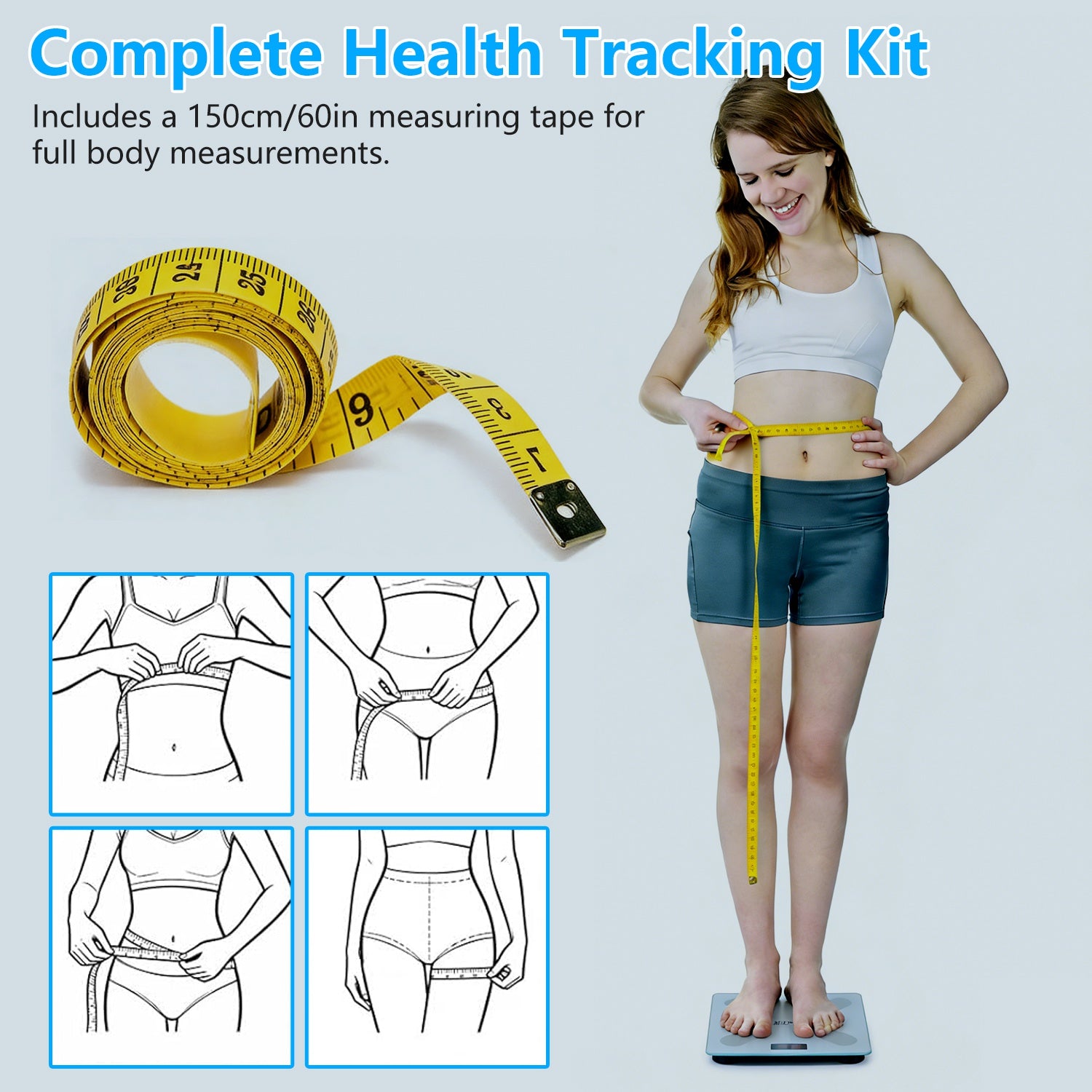 White smart body scale with measuring tape for full-body measurements