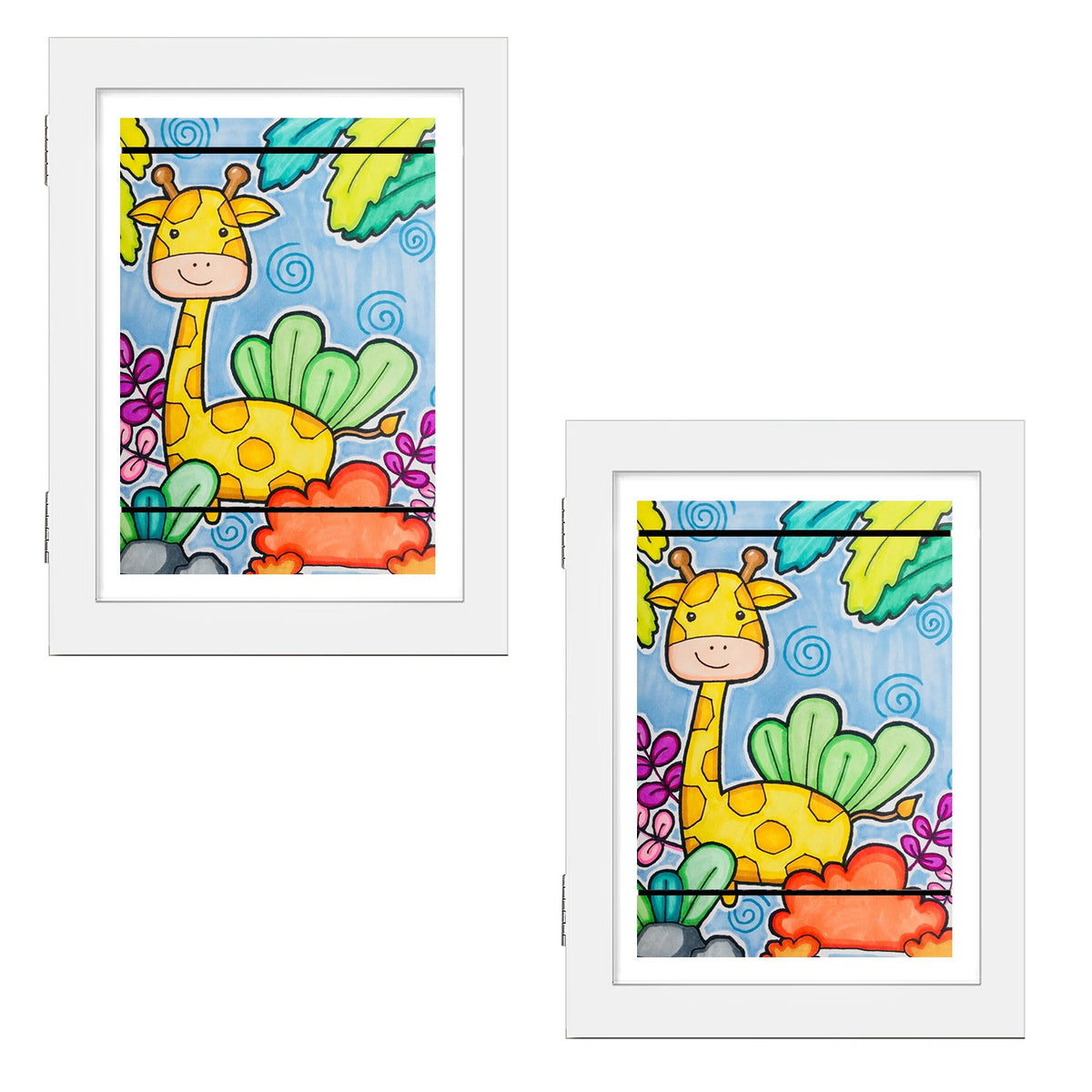 White front-opening A4 kids art display frame with colorful cartoon artwork