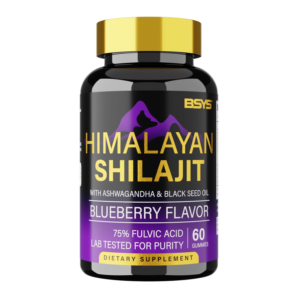 Himalayan shilajit gummies bottle front label, blueberry flavor, gold cap, 60 gummies
