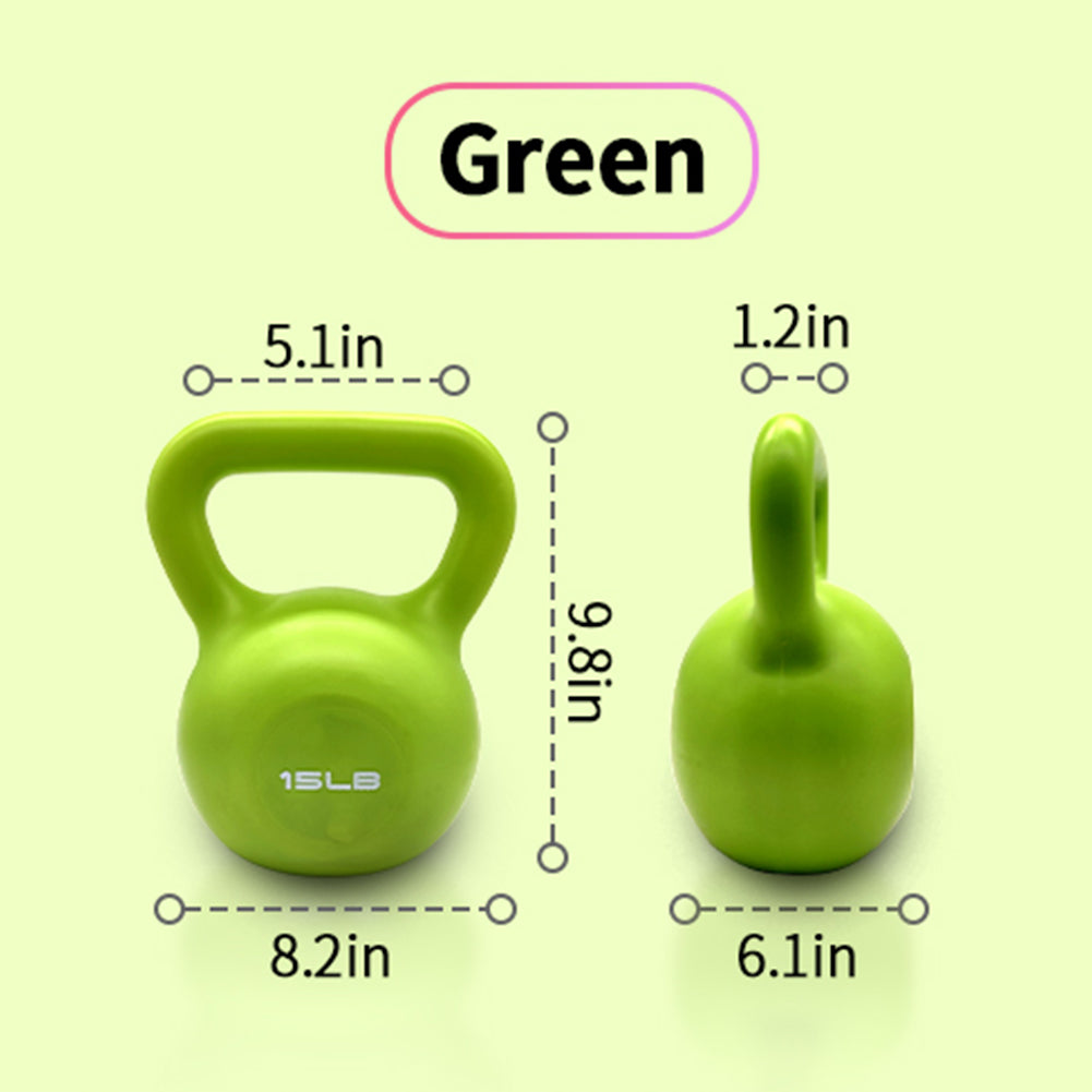 Green 15 lb kettlebell size diagram with handle width and height shown