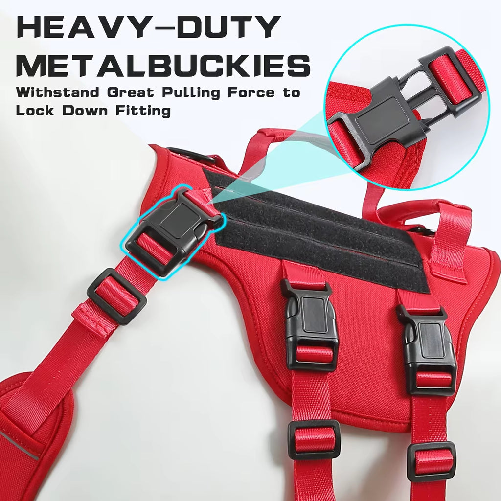 Red tactical dog harness vest close-up of metal buckles on straps and back panel