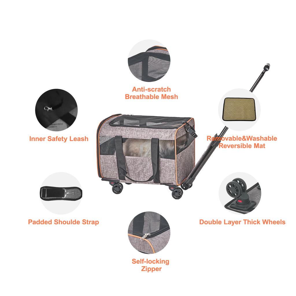 Rolling pet carrier features, with padded shoulder strap and removable reversible floor mat