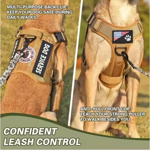 Tan tactical harness vest with front anti-pull clip and back leash attachment clip